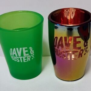 Dave and Busters green and iridescent 2 Shot glasses souvenir never used